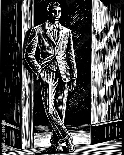 A sharply dressed man stands confidently in a doorway, bathed in dramatic shadow.  
His poised stance and classic suit evoke timeless elegance and quiet strength.