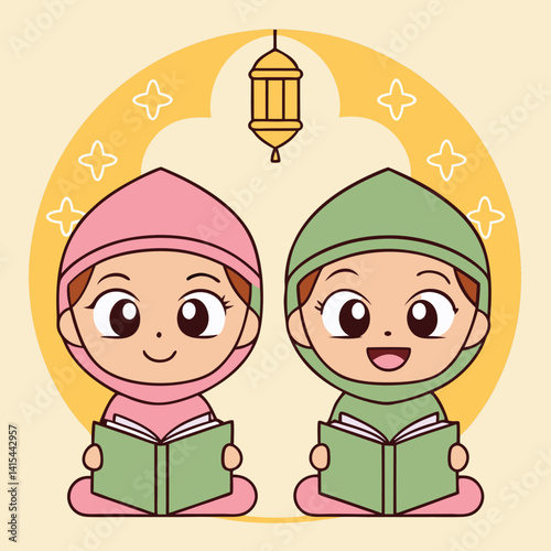Two young girls in hijab reading books, Ramadan setting
