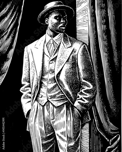 A stylish man in a three-piece suit leans casually near heavy drapes.  
His tilted hat and composed gaze suggest confidence and quiet contemplation.