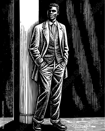 A poised man leans casually against a bright pillar, dressed in a tailored three-piece suit.  
The contrasting shadows behind him amplify his quiet confidence and elegance.