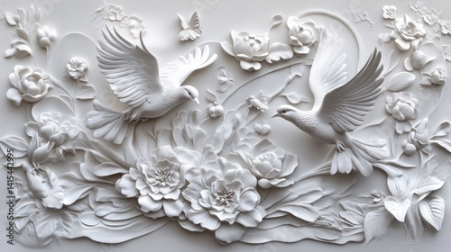 Fototapeta Naklejka Na Ścianę i Meble -  White doves, peonies, floral 3D wall art, home decor