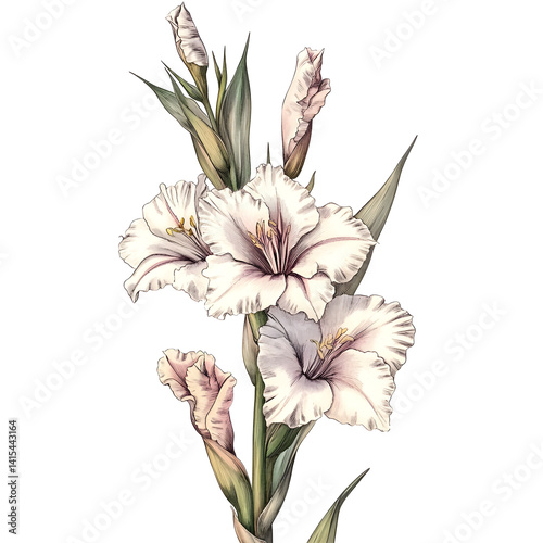 vintage gladiolus botanical drawing engraved sketch style soft muted tones classic antique floral illustration clip art white background