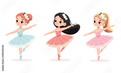 Set of different international ballerina girls in colorful dress dancing on white background. Poster, Banner, Flyer, Greeting Card. Vector illustration in flat cartoon style