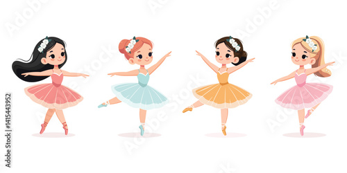 Set of different international ballerina girls in colorful dress dancing on white background. Poster, Banner, Flyer, Greeting Card. Vector illustration in flat cartoon style