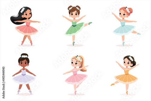 Set of different international ballerina girls in colorful dress dancing on white background. Poster, Banner, Flyer, Greeting Card. Vector illustration in flat cartoon style