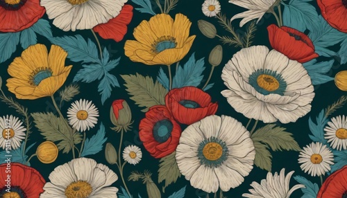 A vintage-inspired pattern of colorful poppies and daisies, with detailed centers and foliage, creating a lively and dynamic design on a deep green background