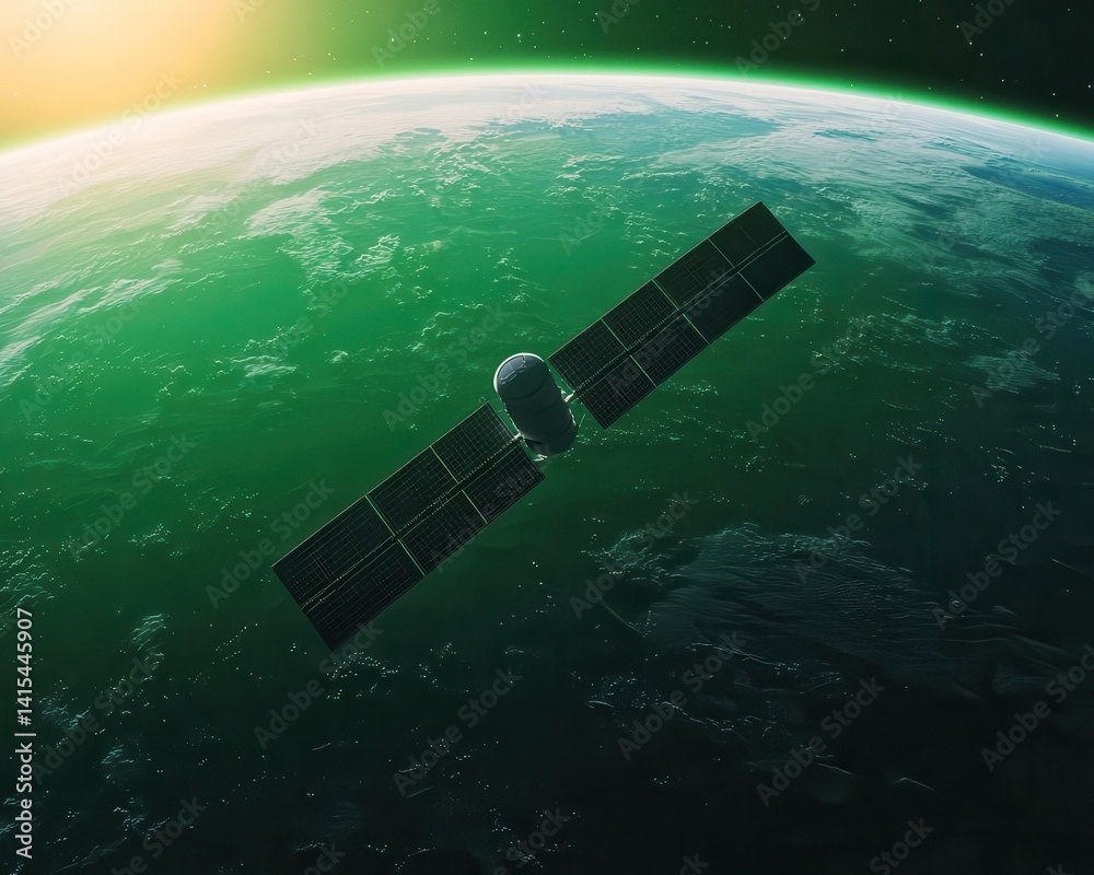 Fototapeta premium Solarpowered satellite orbiting a lush green planet, space tech for sustainability