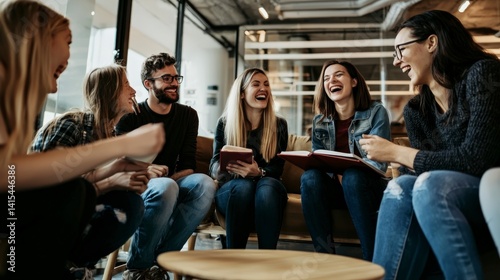 Diverse Group of Coworkers Laughing Together in Modern Office Lounge