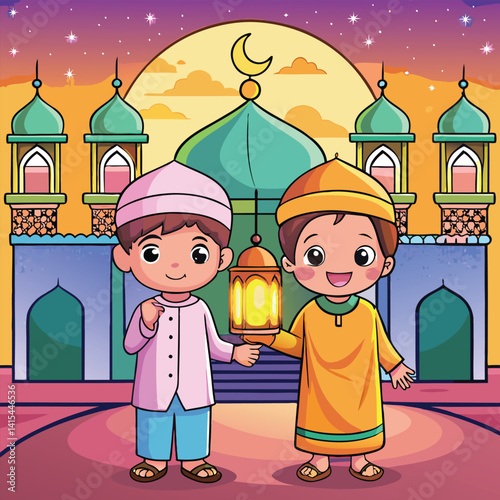 Two children in prayerful poses, in front of a mosque at dusk