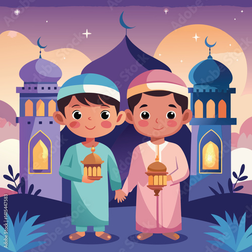 Two children holding hands near mosques at night