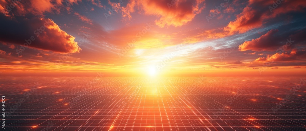 Naklejka premium Vibrant sunset over ocean with grid pattern reflection