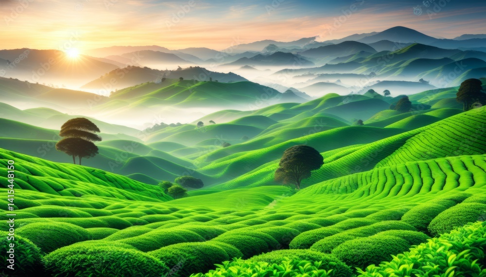 Sunrise illuminates lush green tea fields in a hilly landscape, casting a serene glow over the calm, misty valleys and highlighting the intricate patterns of cultivation