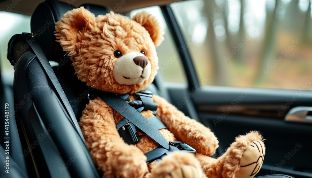 A soft, smiling teddy bear is secured in a car seat, ready for a journey. Sunlight filters through trees outside, creating a warm atmosphere for an adventure