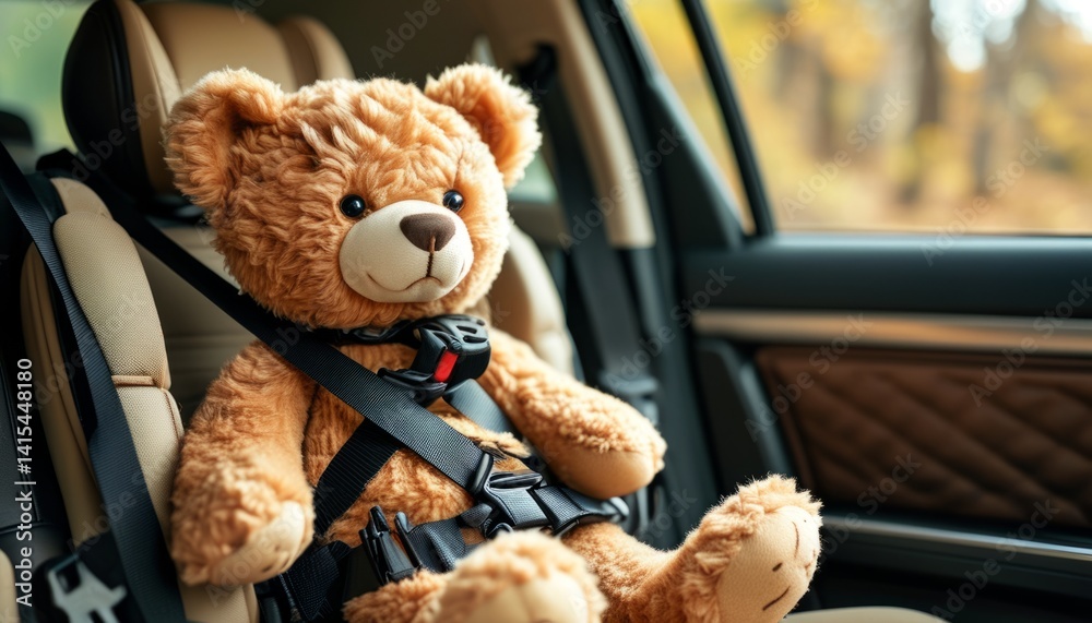 A plush teddy bear is buckled into a car seat, eagerly awaiting the journey ahead. Outside, vibrant autumn leaves contrast against the cozy interior, creating a warm atmosphere
