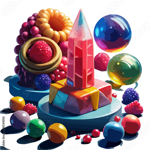  Whimsical candy and berry still life digital illustration in bright colors representing playful sweets against a black background
