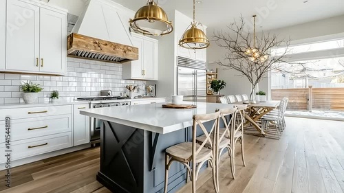 Modern farmhouse kitchen with light and dark accents.