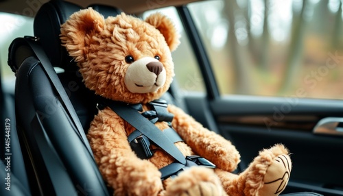 A soft, smiling teddy bear is secured in a car seat, ready for a journey. Sunlight filters through trees outside, creating a warm atmosphere for an adventure