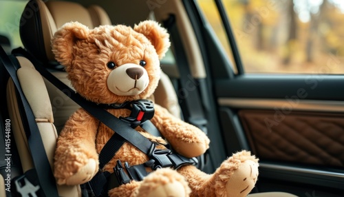 Obraz na płótnie A plush teddy bear is buckled into a car seat, eagerly awaiting the journey ahead. Outside, vibrant autumn leaves contrast against the cozy interior, creating a warm atmosphere w salonie