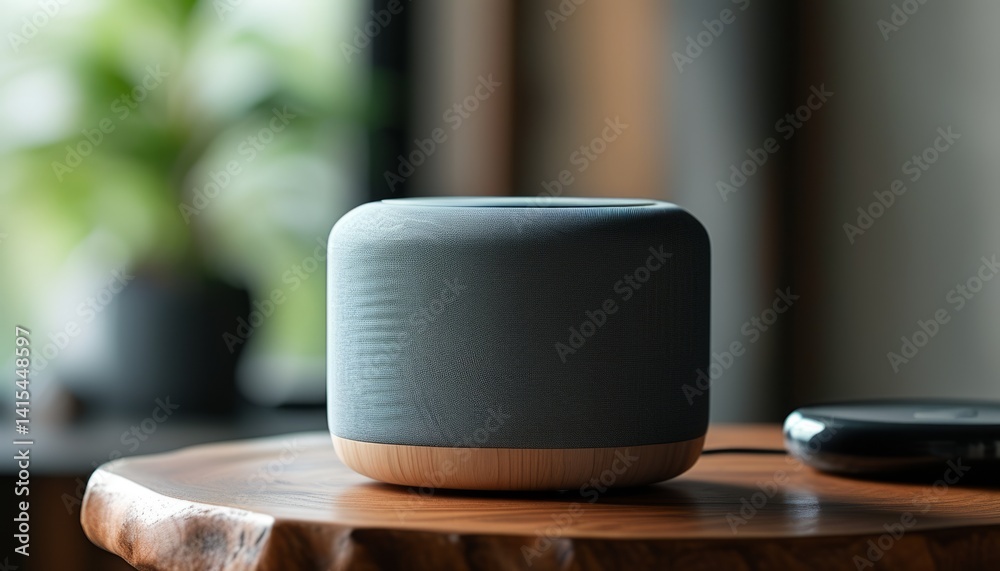 A smart speaker rests on a beautifully crafted wooden table, surrounded by soft sunlight filtering through a nearby window. A lush green plant adds a touch of nature to the setting