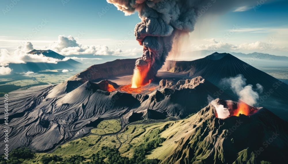 A powerful volcanic eruption displays vibrant lava and ash clouds amidst a scenic landscape filled with mountains and lush greenery. The bright sun illuminates the dramatic event