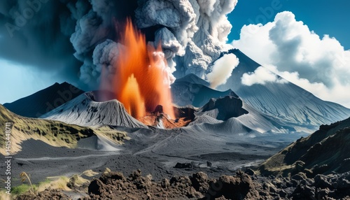 Obraz na płótnie A dramatic volcanic eruption creates an impressive display of fiery lava and thick ash clouds rising above a mountainous terrain. The landscape is rugged and darkened by volcanic rock w salonie