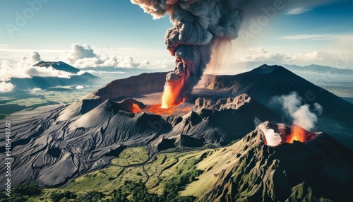 Obraz na płótnie A powerful volcanic eruption displays vibrant lava and ash clouds amidst a scenic landscape filled with mountains and lush greenery. The bright sun illuminates the dramatic event w salonie