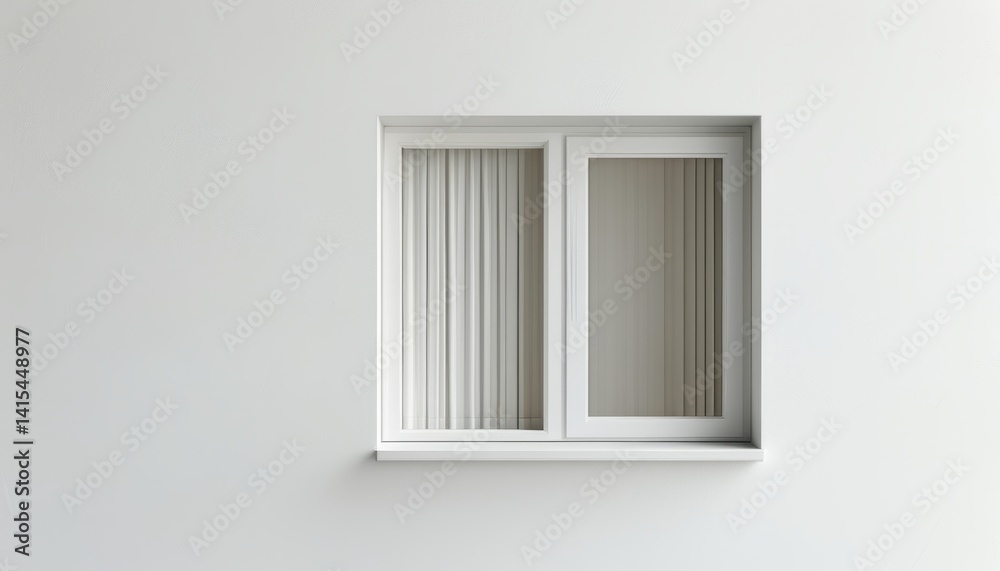 Bright indoor space features a modern minimalist window with clean lines, revealing simple curtains and a neutral color palette that enhances the room's airy feel