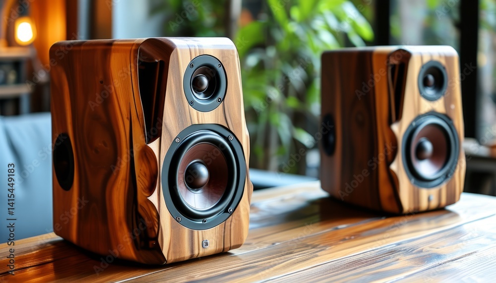 Beautiful wooden speakers sit on a rustic table in a warm, inviting space filled with greenery, creating a perfect ambiance for enjoying music