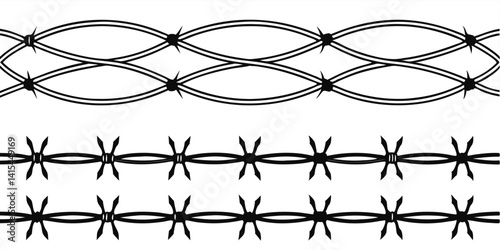 Vector set of barbed wire elements design a seamless border pattern