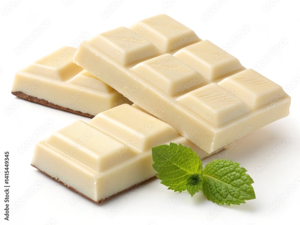 Four pieces of smooth white chocolate are stacked neatly next to vibrant green mint leaves. The composition highlights the dessert's creamy texture and refreshing aroma