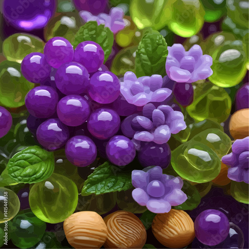  Translucent jelly grapes and flowers still life in purple, green, and orange representing artistic confectionery