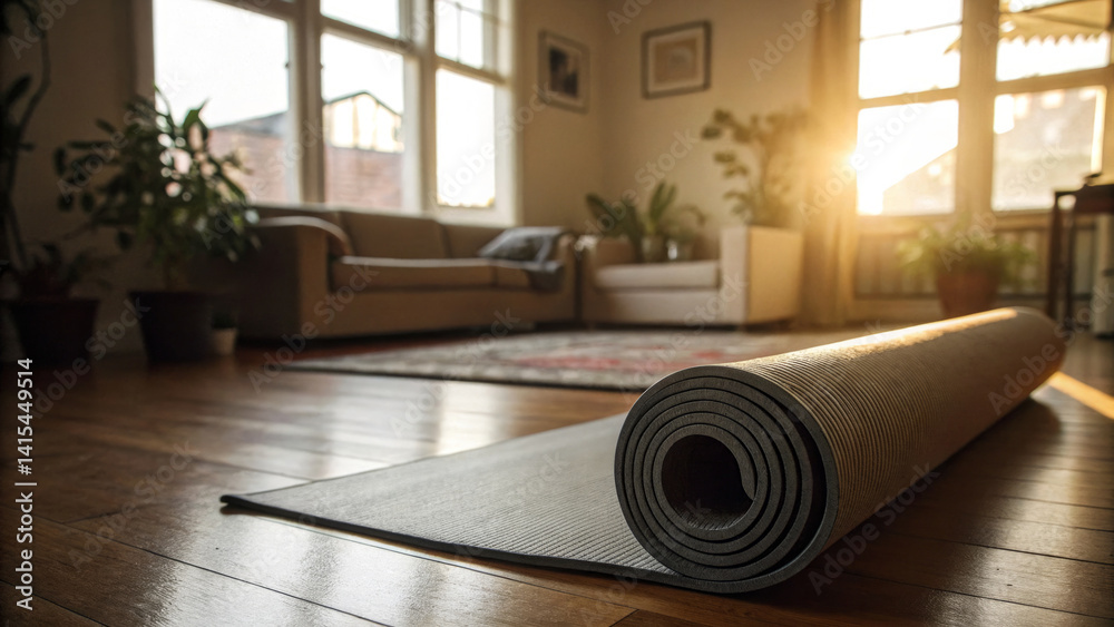 A rolled yoga mat is placed on the wooden floor of a cozy living room during morning hours. Sunlight streams through large windows, creating a tranquil and inviting atmosphere