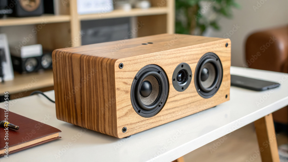 A beautifully crafted wooden speaker rests on a sleek table in a cozy living room. Nearby, a smartphone and a notebook add to the contemporary decor, creating a relaxed atmosphere