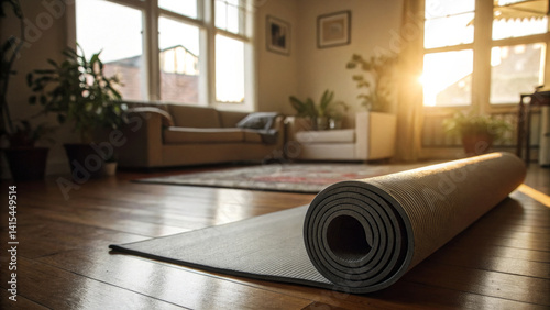 Obraz na płótnie A rolled yoga mat is placed on the wooden floor of a cozy living room during morning hours. Sunlight streams through large windows, creating a tranquil and inviting atmosphere w salonie