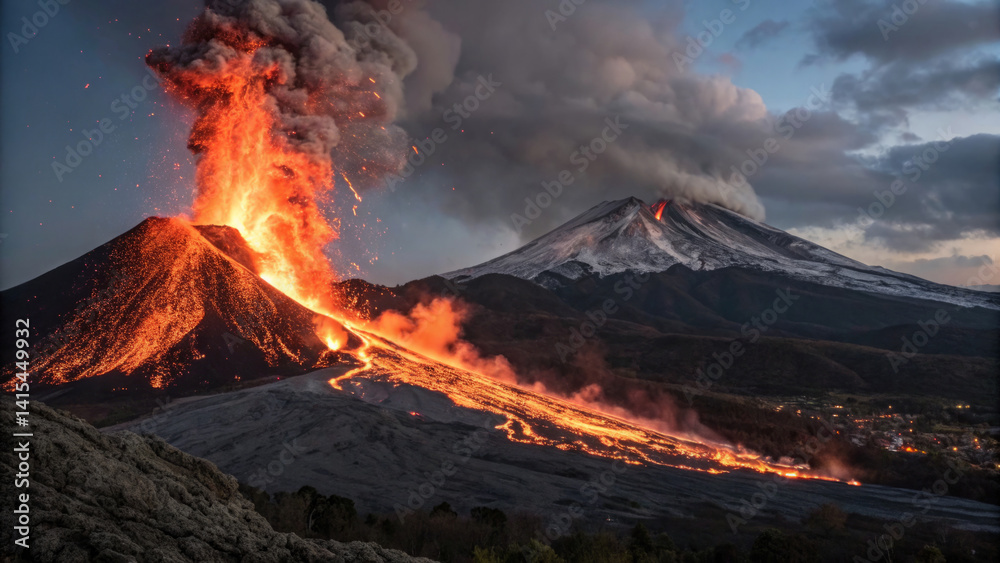 Lava spews from a volcano, creating bright orange streams down the slope, while dark ash clouds rise into the sky during twilight, illuminating the surrounding landscape