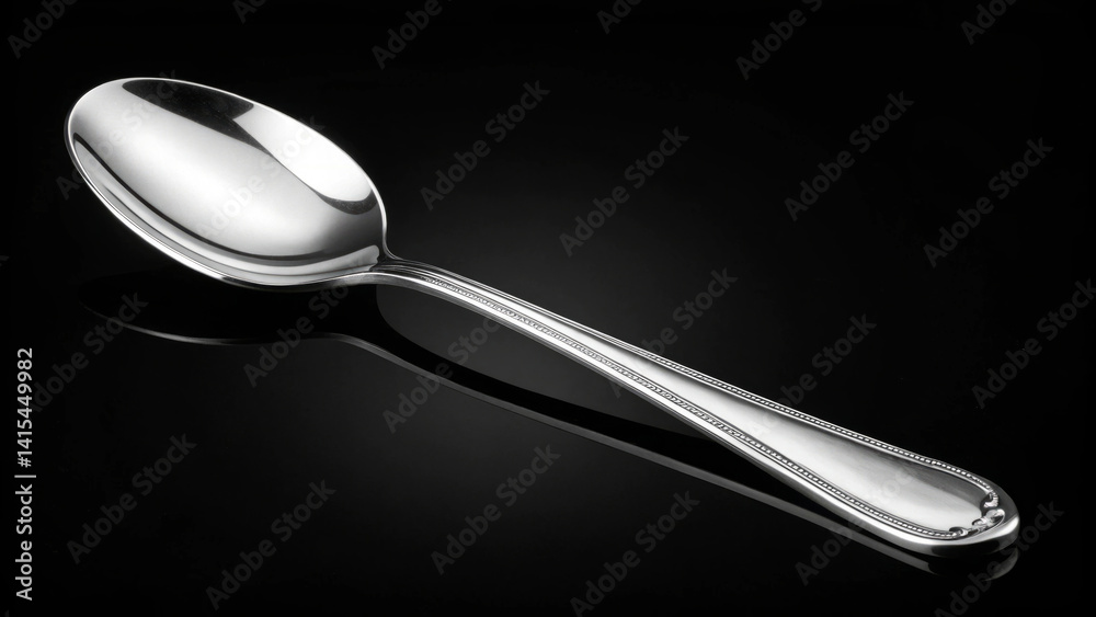A polished stainless steel spoon is positioned gracefully on a reflective surface. Its sleek design and shine create a striking contrast against the black backdrop, emphasizing elegance