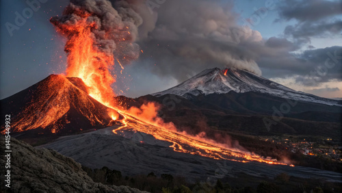 Obraz na płótnie Lava spews from a volcano, creating bright orange streams down the slope, while dark ash clouds rise into the sky during twilight, illuminating the surrounding landscape w salonie