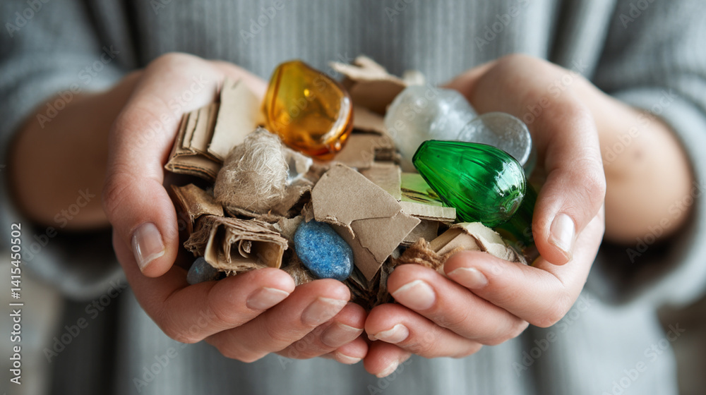 Hands Holding Colorful Recyclable Materials: Eco-Friendly Approach to Reducing Waste and Supporting Sustainability in the Circular Economy