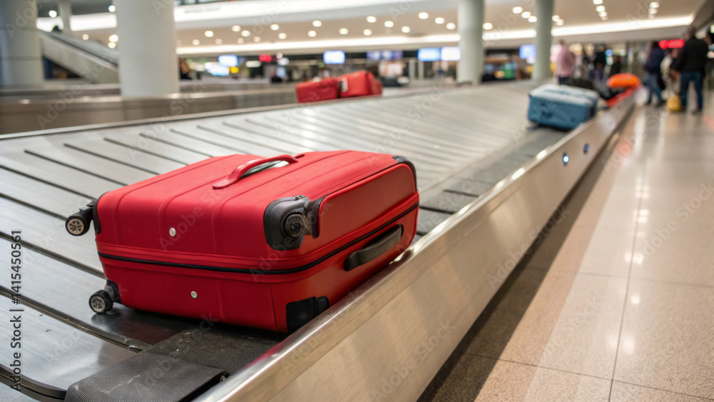 A red suitcase rests on the baggage carousel at an airport. Travelers are gathered nearby, waiting for their luggage, creating a lively atmosphere in the terminal