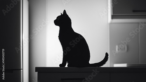 Silhouette of a black cat sitting on a countertop, mysterious pet, Halloween ambiance, tranquil domestic scene