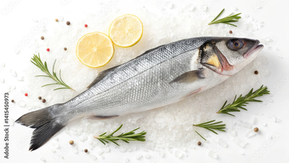 A whole fish is displayed on a bed of ice, garnished with lemon slices and fresh herbs. This setup is ideal for showcasing seafood before cooking