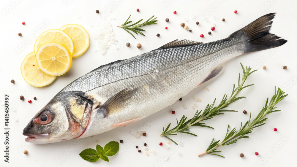A whole fish is displayed on a clean surface, surrounded by fresh herbs and lemon slices. Colorful peppercorns scatter around, creating a vibrant preparation for a meal