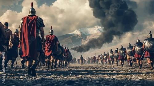 Ancient Roman legionaries march across a rocky terrain towards a distant mountain.