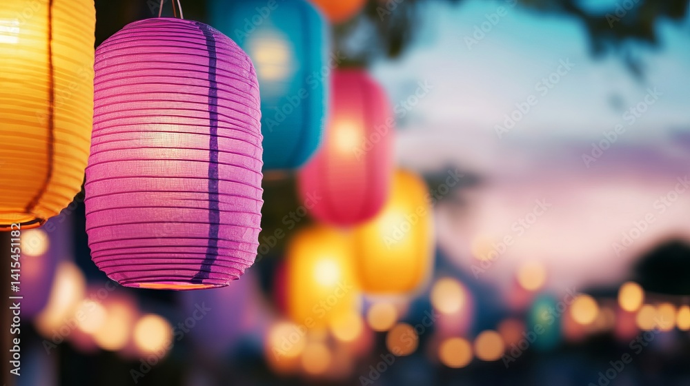 Fototapeta premium Colorful paper lanterns illuminate a vibrant outdoor festival, celebrating Mid-Autumn Festival and cultural gatherings with glowing charm