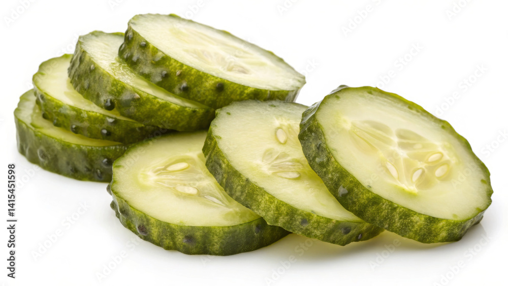 Fresh cucumber slices are lined up, revealing their bright green skin and juicy, seeded interior. These slices are perfect for healthy salads, snacks, or garnishes, emphasizing their crunchiness