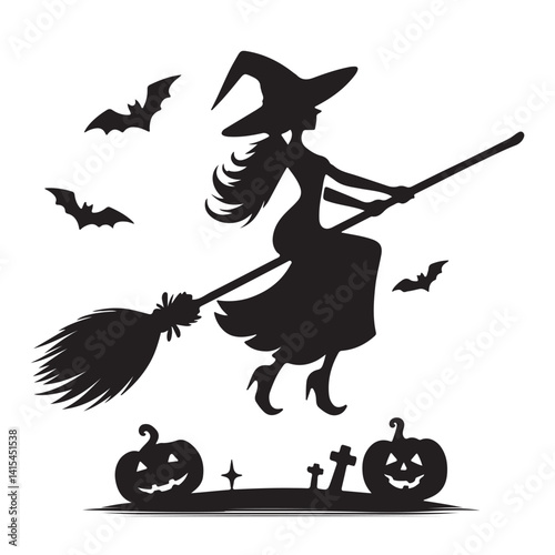 Flying halloween witch silhouette illustration