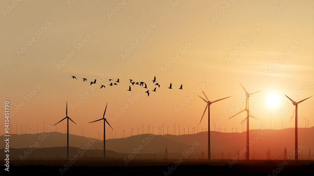 Serene Sunset Over Wind Turbines: Captivating Renewable Energy Landscape with Silhouetted Birds and Eco-Friendly Scenery