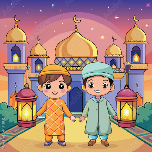Children holding hands in front of a mosque at night