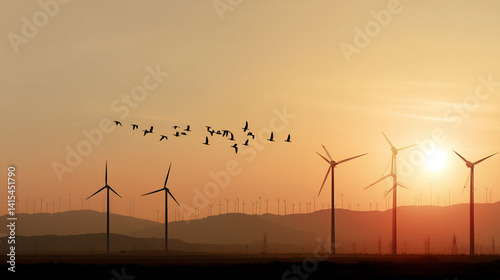 Obraz na płótnie Serene Sunset Over Wind Turbines: Captivating Renewable Energy Landscape with Silhouetted Birds and Eco-Friendly Scenery w salonie