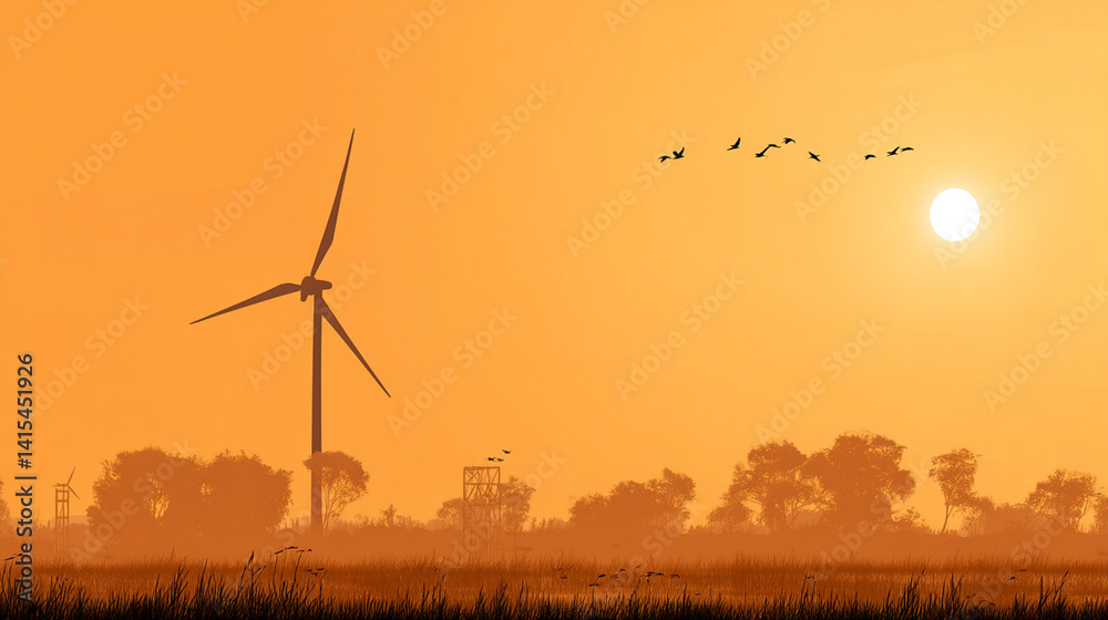 Renewable Energy at Sunset: Wind Turbine Silhouettes and Flock of Birds in a Tranquil Rural Landscape with Warm Orange Sky – Eco-Friendly Power Generation and Sustainable Development